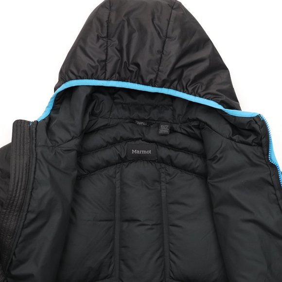 Marmot Stockholm Down Puffer Jacket Hoodie Fill Power 700 - Size XL - Black/Blue - Picture 5 of 8